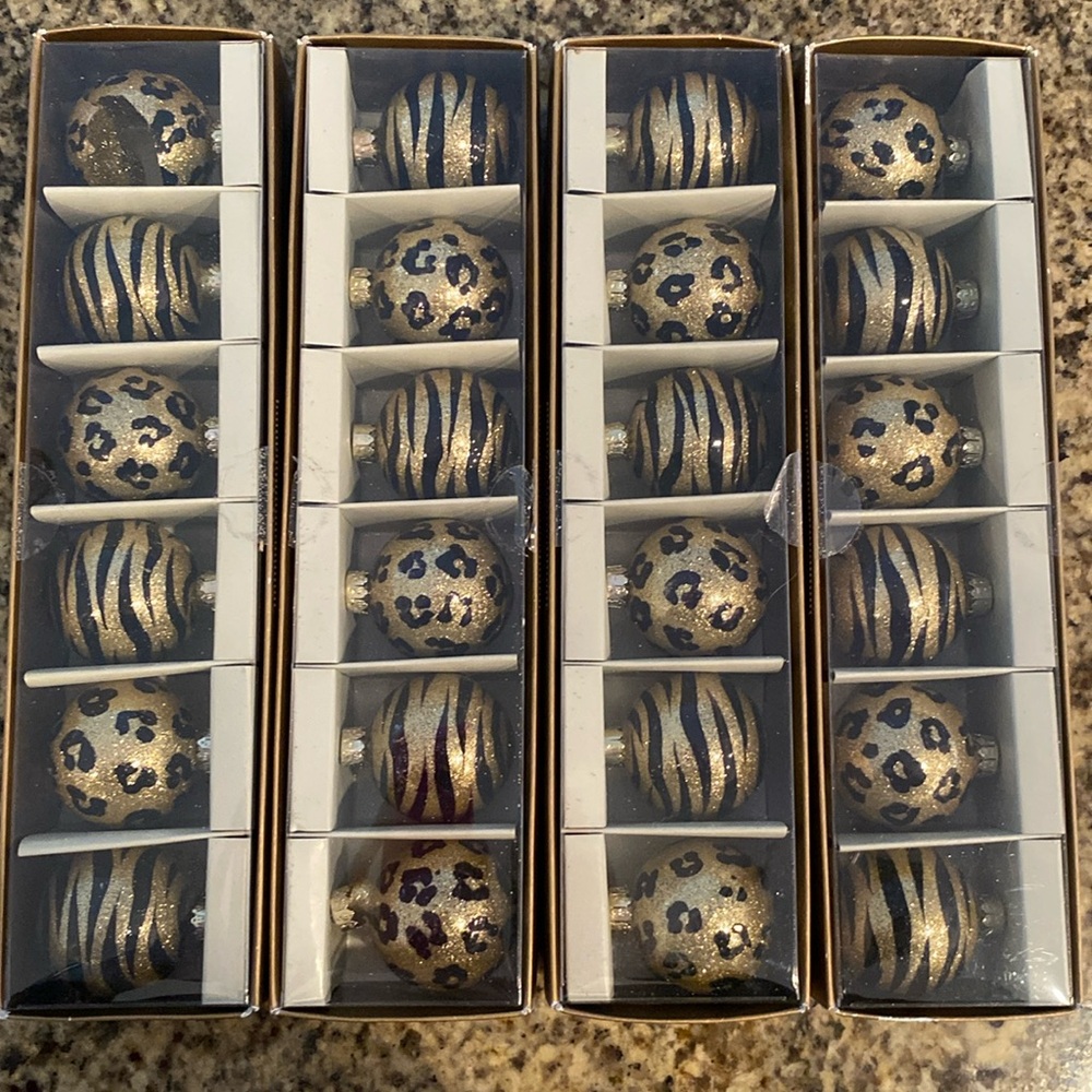 Christmas ornaments, glass, animal print